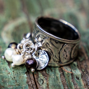 Sterling silver charm  ring, Statement  dangle coins ring ,Wide bohemian signet ring for women