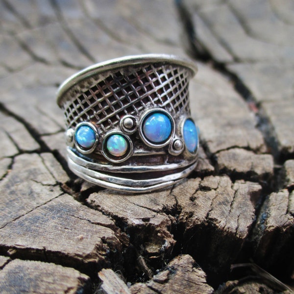 Sterling silver wide mesh ring, Multi-stone Hammered Opal ring