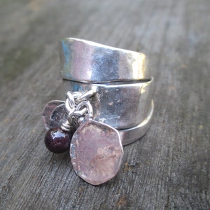 Silver charm dangle  ring with gemstone   Statement wide silver coins ring for women