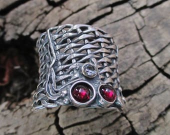 Sterling Silver Wide Lattice Ring: Garnet & CZ Gemstone Boho Ring