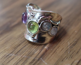 Sterling silver multi-colorful  band ring for women- Unique wide ring