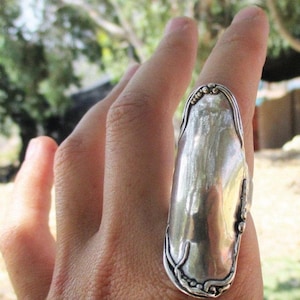 Steampunk large silver ring, Long statement carved ring for women, Sterling silver jewelry ,Design by Porans