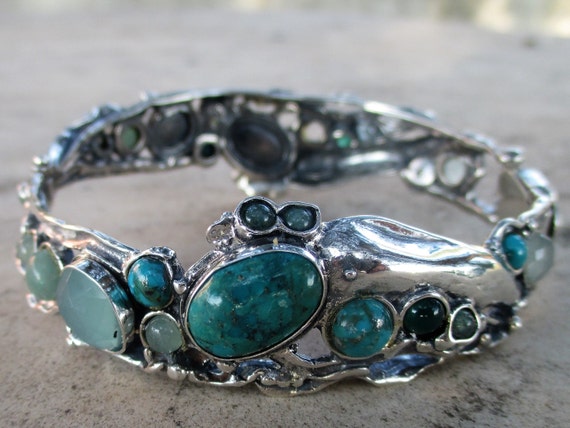 マルチストーンシルバーカフブレスレット、女性用ターコイズバングル