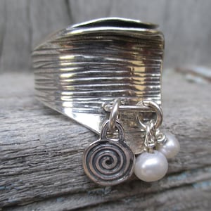 Silver dangle pearl ring for her, Wide bohemian charm ring ,PORANS  Jewelry