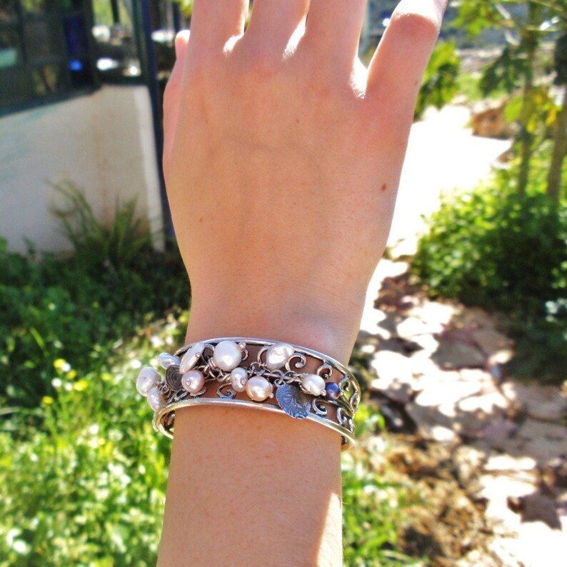 Charm Silver Cuff Bracelet Hanging Pearls Cuff for Women Etsy