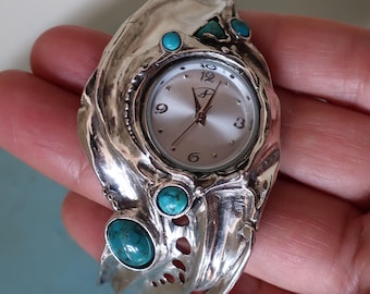 Reloj de pulsera tipo brazalete de plata de ley: Pulsera estilo boho de turquesa y granate