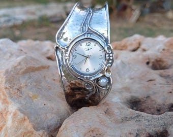 Silver designer fancy watch for women, Unique silver cuff bracelet with watch, Wide bohemian cuff watch with pearl