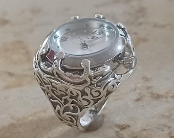 Reloj de anillo de plata vintage: Reloj de dedo oxidado grabado