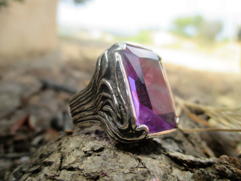 Silver Rings,Solitaire Rings,Long Sterling Silver Ring,Gemstone Ring,Purple Women Ring,Handcrafted 925,Lavender Zircon,Bohemian Jewelry,Gift