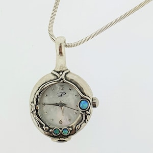 Women vintage silver watch necklace chain, Unique delicate opal pendant watch, Gift for love