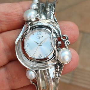 Sterling Silver Cuff Watch with White Pearls  Artisan Handmade Women's Statement Bracelet Watch