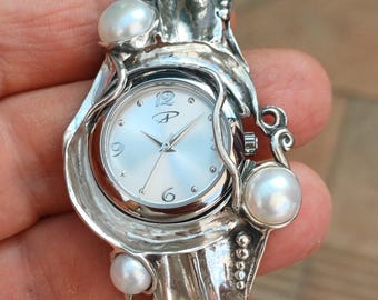 Sterling Silver Cuff Watch with White Pearls  Artisan Handmade Women's Statement Bracelet Watch