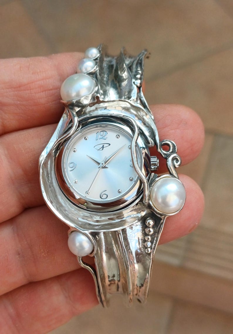 Sterling Silver Cuff Watch with White Pearls  Artisan Handmade Women's Statement Bracelet Watch