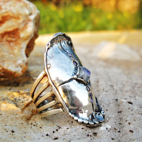 Large silver ring ,Long gemstone ring for women ,Sterling silver Moonstone bohemian ring