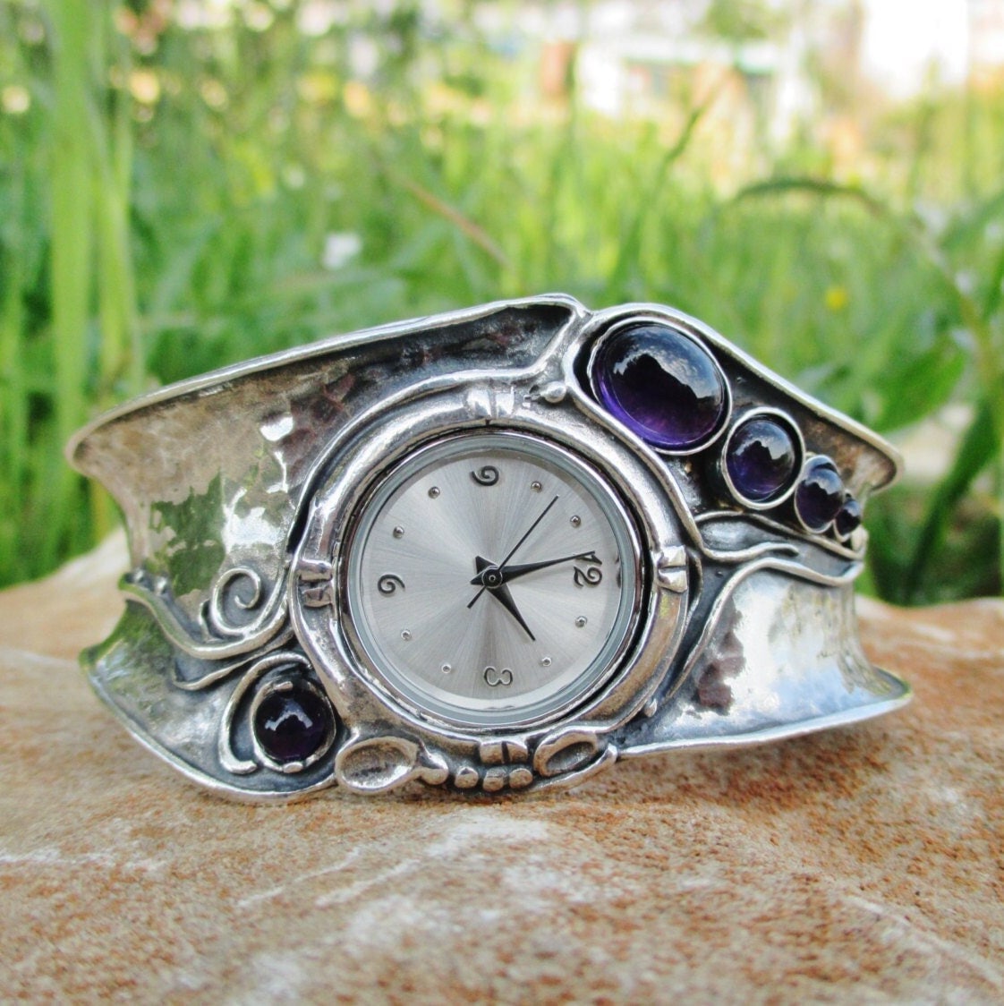 Unique silver cuff bracelet for women, Wide gemstone cuff watch for gift, Silver bohemian Amethyst watch