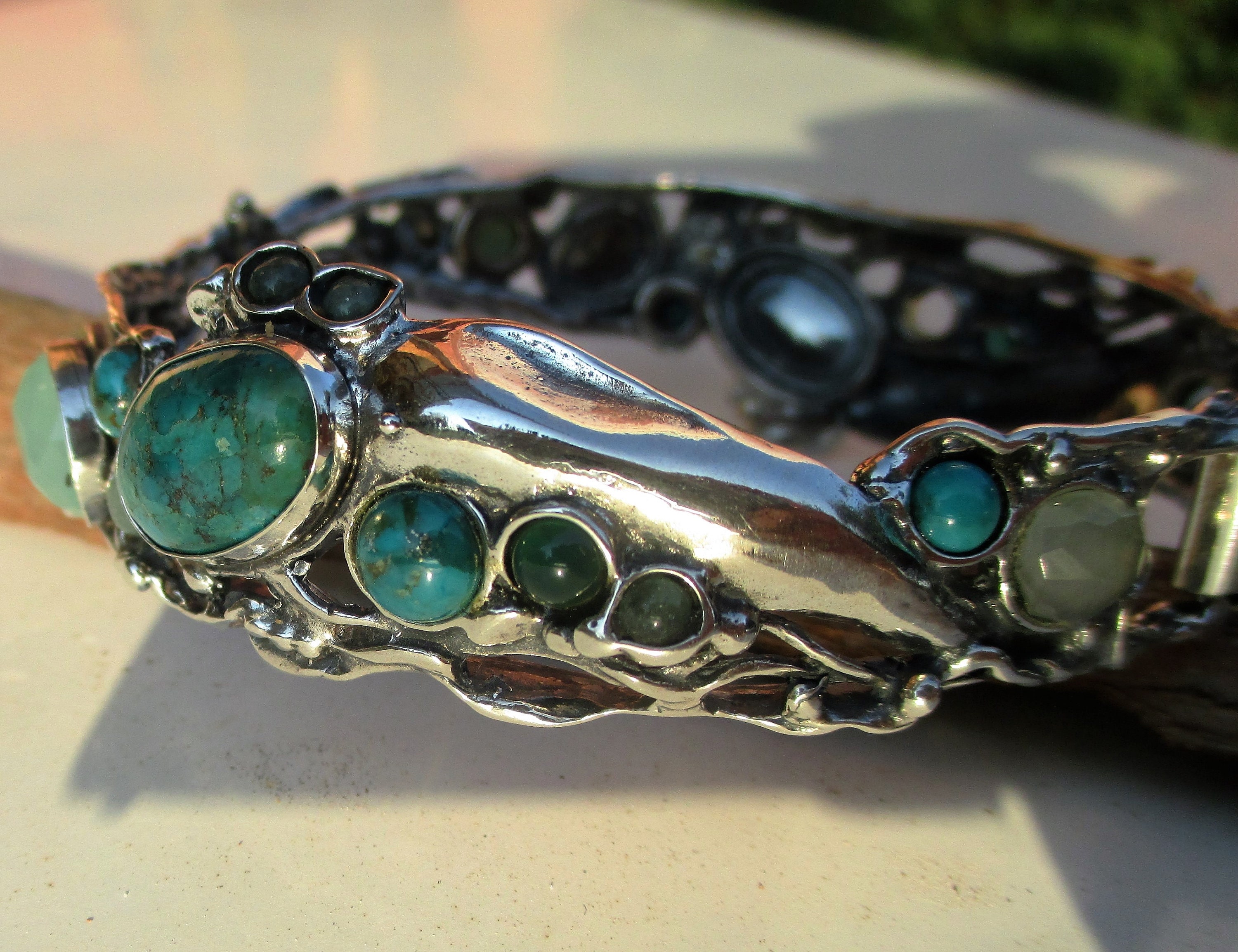 マルチストーンシルバーカフブレスレット、女性用ターコイズバングル