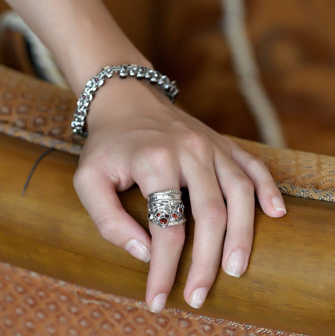 Sterling Silver Wide Gemstone Ring for Women,big Statement