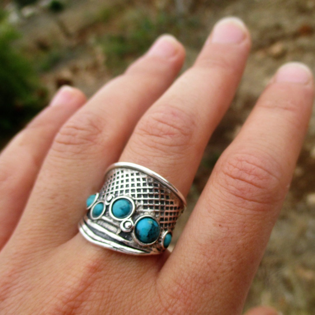 Wide Turquoise Band Ring>sterling Silver TURQUOISE Ring,bali