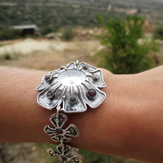 Sterling Silver Garnet Flower Watch Bracelet: 3D Floral Link 