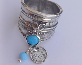 Sterling Silver Wide Band Ring: Gemstone Dangle Charm, Boho Statement Ring