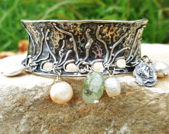 Silver charm pearls cuff bracelet for women
