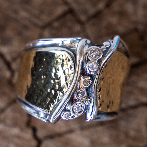 Wide silver ring with hammered gold ,Two tone CZ ring for women Design by Amir Poran
