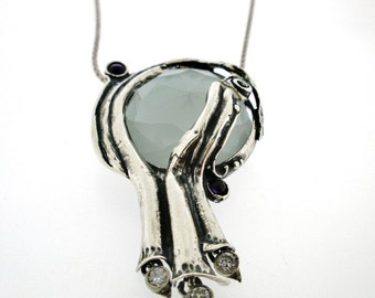 Silver big bohemian pendant necklace   Large purple stone pendant for women  Porans jewelry