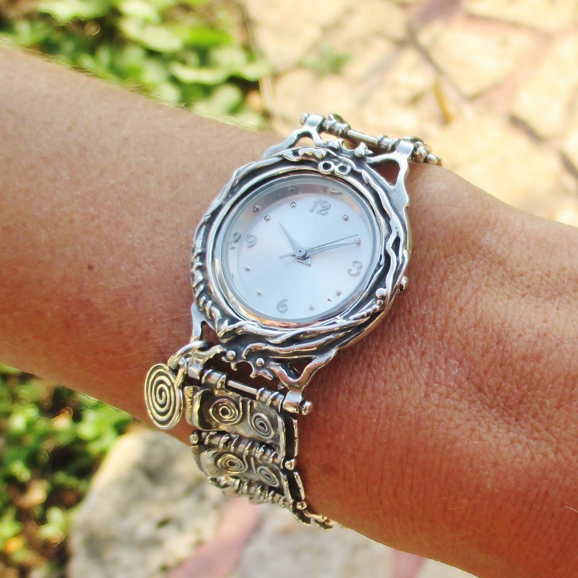 Sterling Silver Statement Wrist Watch Oxidized Hammered Spiral