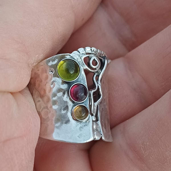 Wide Hammered Silver Ring with Multicolor Gemstones – Artistic Statement Jewelry
