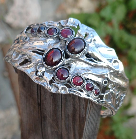 Vintage Silver Garnet Cuff Bracelet for Women, Wide Bohemian