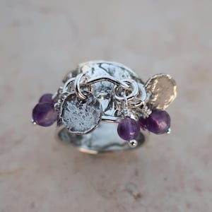 Sterling silver charm  ring, Statement  dangle coins ring ,Wide bohemian signet ring for women