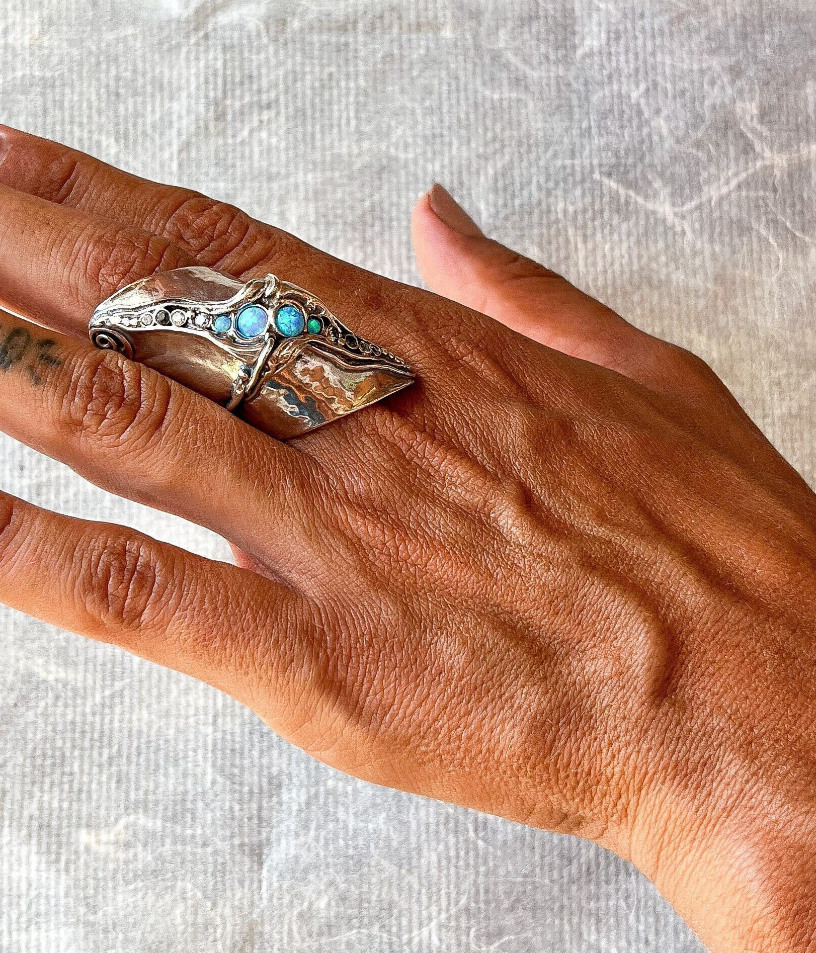 Silver long finger ring  Multi-stone wide ring for women  Statement silver jewelry