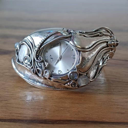 Silver Gemstone Cuff Watch Sterling Silver Gemstone Delicate Silver Cuff Watch for  main image 2