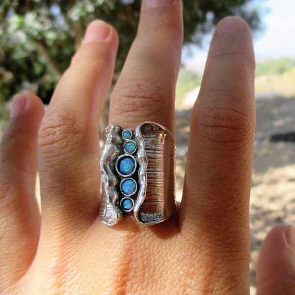 Vintage sterling silver long ring, Multi stone large ring for women, Bohemian hammered ring, Art Nouveau style.