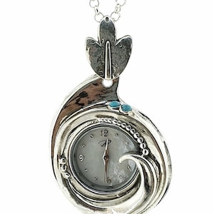 Sterling silver pendant watch necklace for women, Statement gemstone watch face with long silver chain