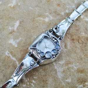 Pulsera de reloj de plata de ley con piedras preciosas, reloj de piedra lunar natural para mujer, reloj de eslabones vintage, joyería artística para mujer