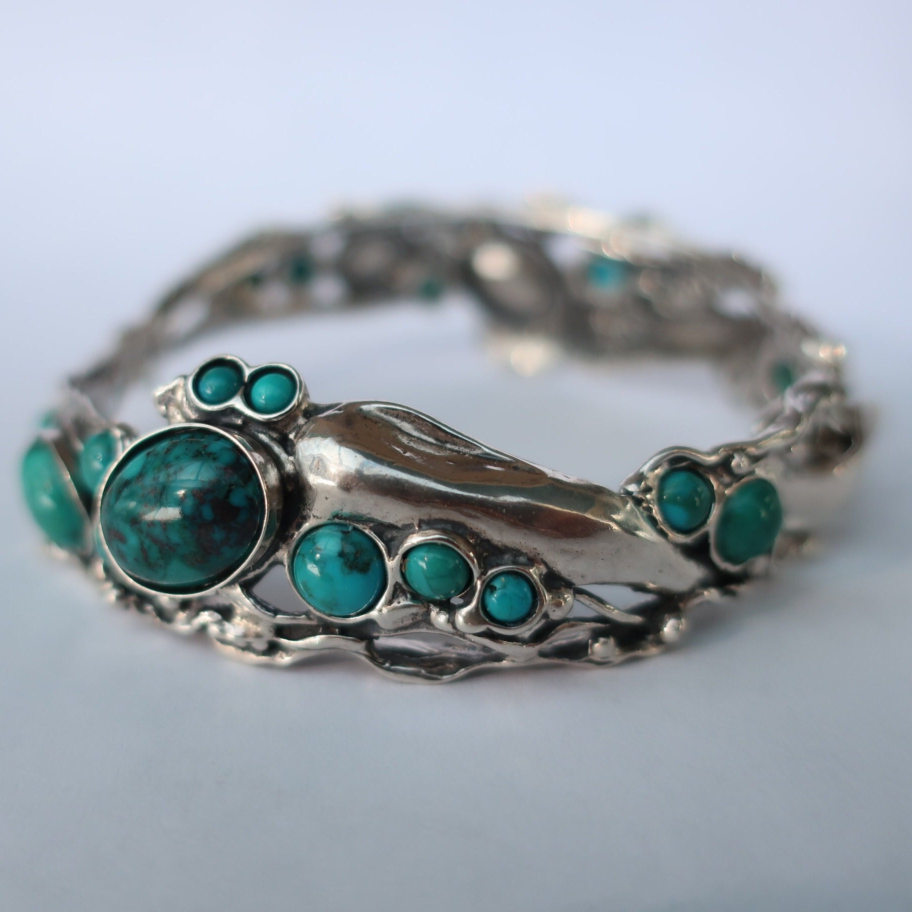 マルチストーンシルバーカフブレスレット、女性用ターコイズバングル