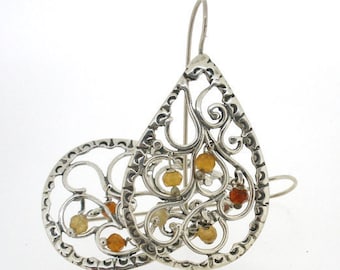 Filigree earring sterling silver, Big drop  yellow stone  earring ,Hanging beads earring for women.