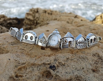 Vintage Sterling Silber Gliederarmbanduhr mit kleinem Edelstein - Einzigartiges Design