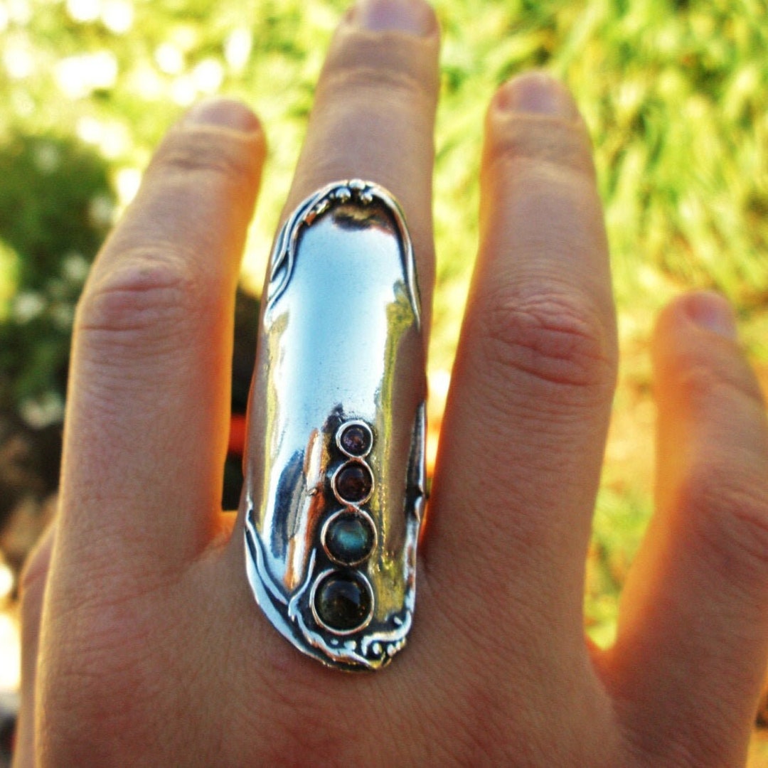 Full Finger Ring Sterling Silver Multi stone Big Ring Long
