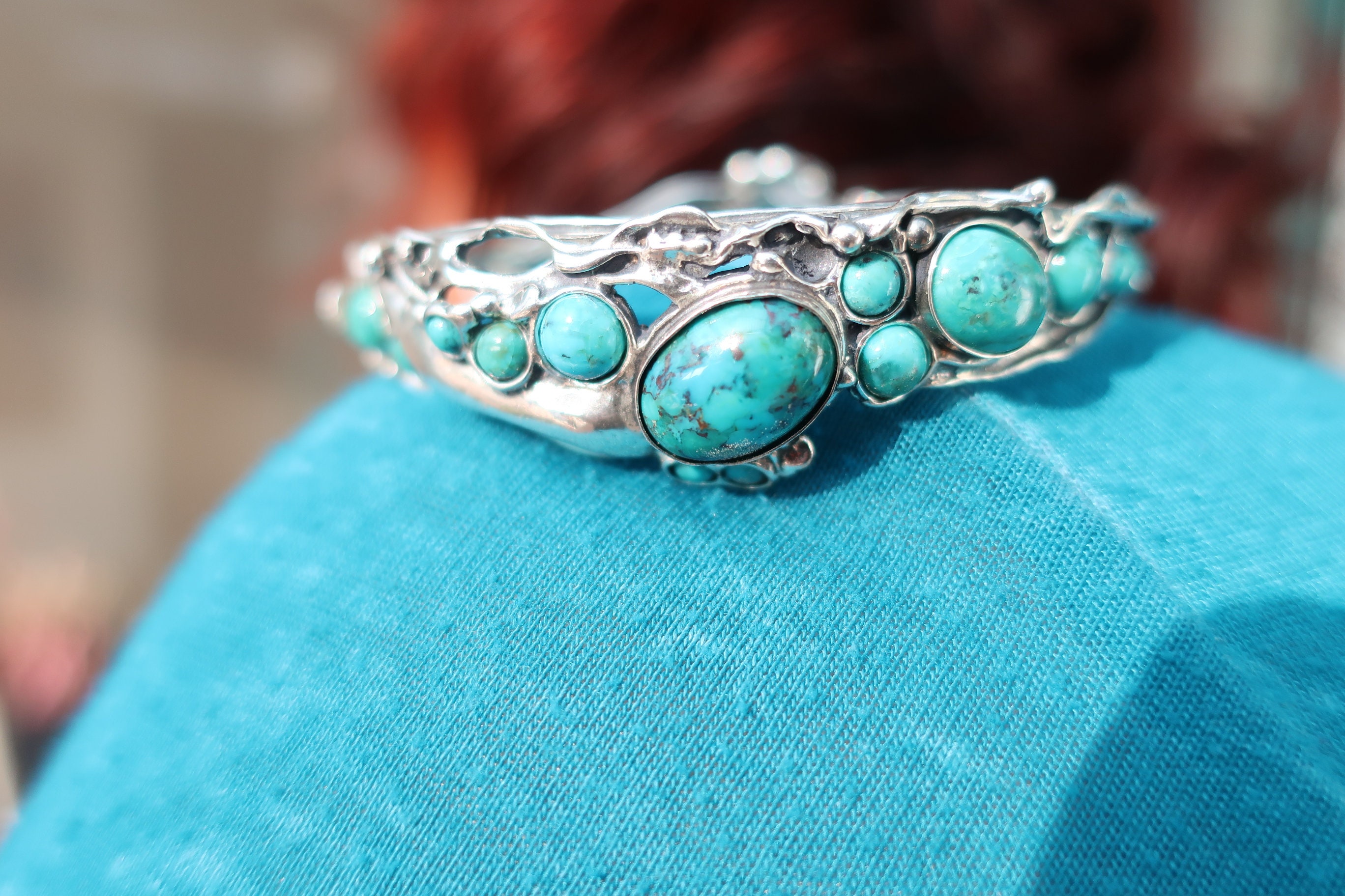 マルチストーンシルバーカフブレスレット、女性用ターコイズバングル