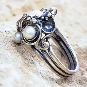 Artisan silver pearls ring for women Dainty natural multi pearl ring