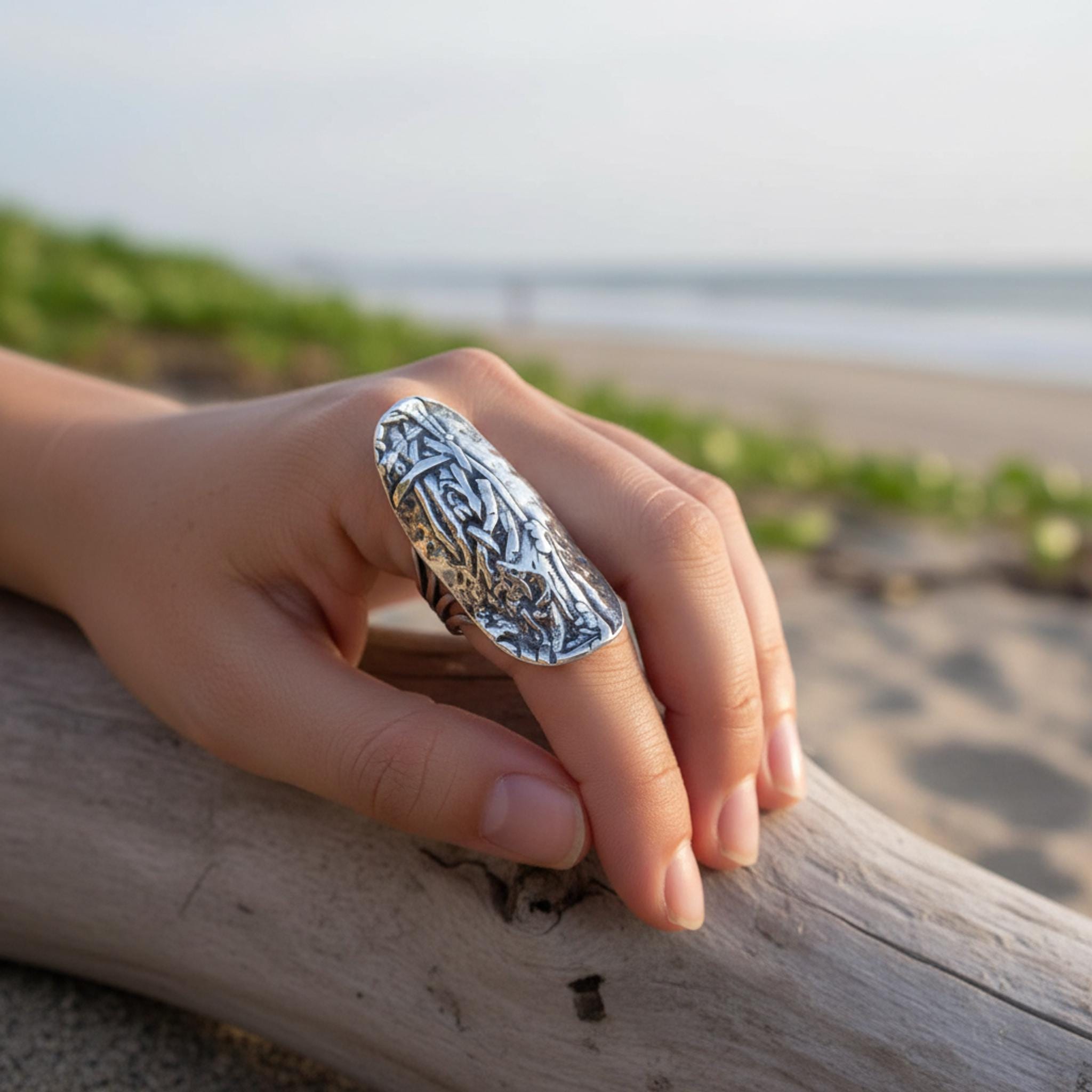 Full Hand Finger Rings Sterling Silver Full Finger Ring, Long Statement Bohemian Wire Mesh ...