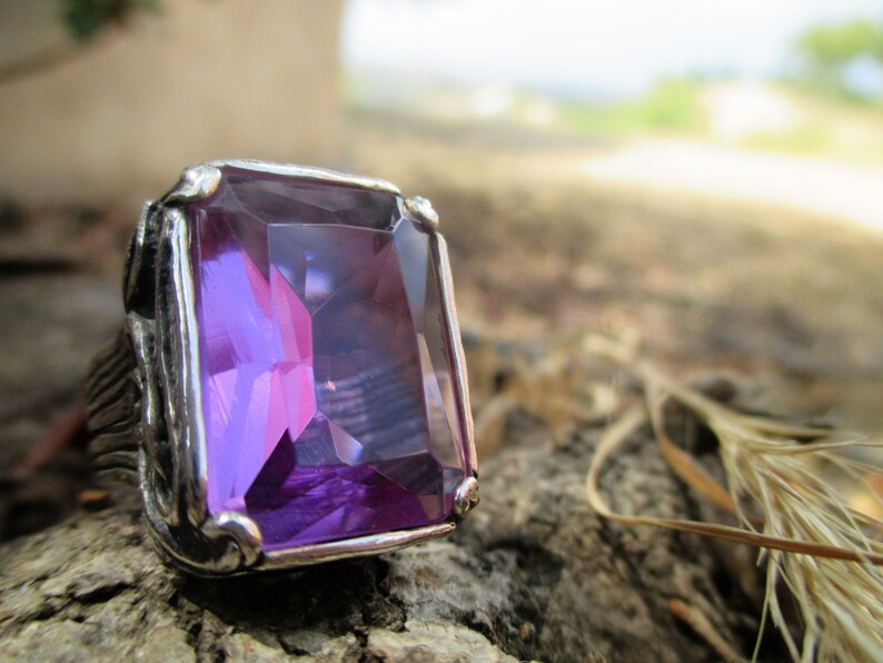 Silver Rings,Solitaire Rings,Long Sterling Silver Ring,Gemstone Ring,Purple Women Ring,Handcrafted 925,Lavender Zircon,Bohemian Jewelry,Gift