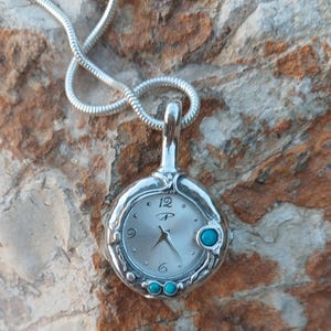 Sterling Silver Pendant Watch with Turquoise Stones, Delicate Women’s Necklace Watch, Artisan Silver Jewelry Gift