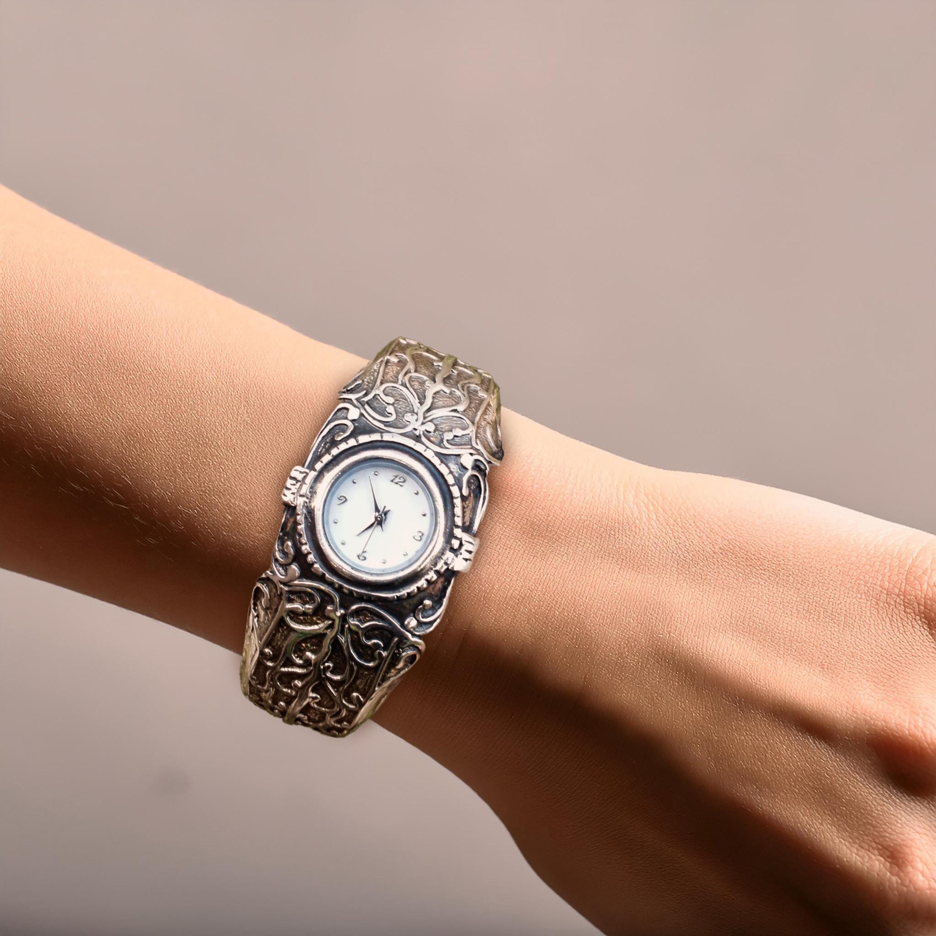 Vintage Rare Honey brand women\'s cuff watch featuring an ornate, silver-tone VINTAGE GENEVA CUFF WATCH – Panahon Designs main image 4