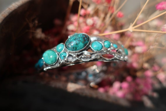 マルチストーンシルバーカフブレスレット、女性用ターコイズバングル