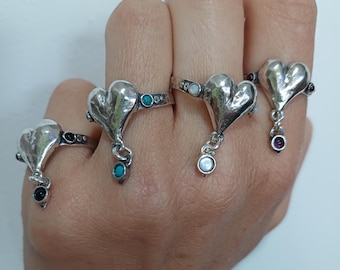Sterling Silver Heart Dangle Ring: Amethyst Accents
