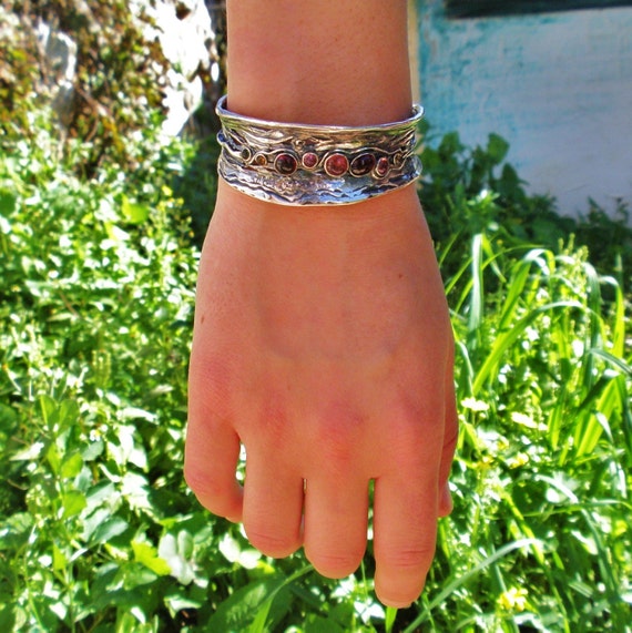 Sterling Silver Cuff Bracelet for Women Multi Stone Wide 