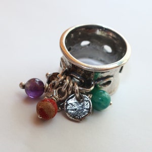 Sterling silver charm gemstone ring, Statement  dangle coins ring ,Wide bohemian ring for women